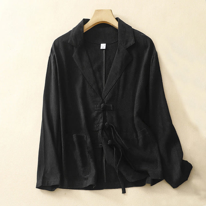 Buddha Stones Women's Cotton Linen Frog-Button Long Sleeve Jacket With Pockets - Black - US12，UK/AU16，EU44 (2XL) - image 12
