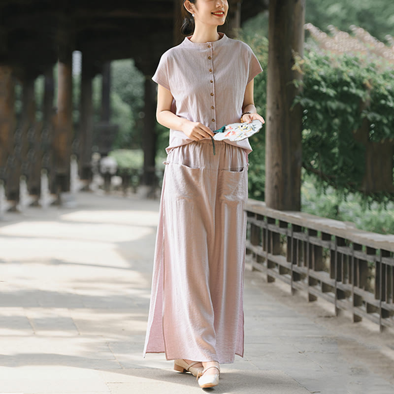 Buddha Stones 2Pcs Buttons Short Sleeve Shirt Top Skirt With Pockets Meditation Cotton Women's Set - image 2