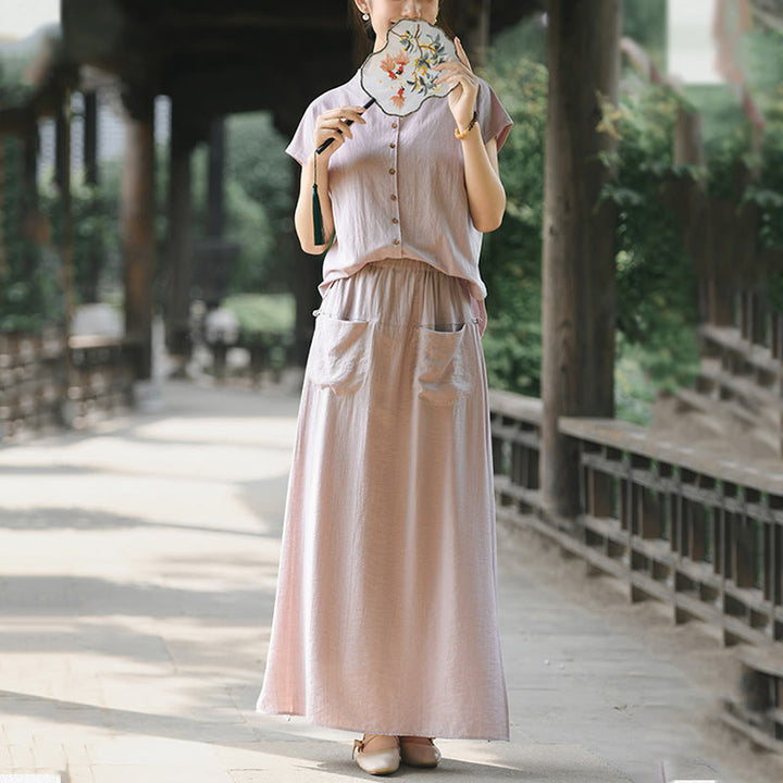 Buddha Stones 2Pcs Buttons Short Sleeve Shirt Top Skirt With Pockets Meditation Cotton Women's Set - image 7