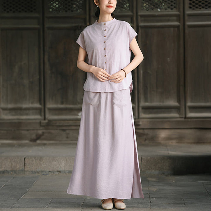 Buddha Stones 2Pcs Buttons Short Sleeve Shirt Top Skirt With Pockets Meditation Cotton Women's Set - image 1