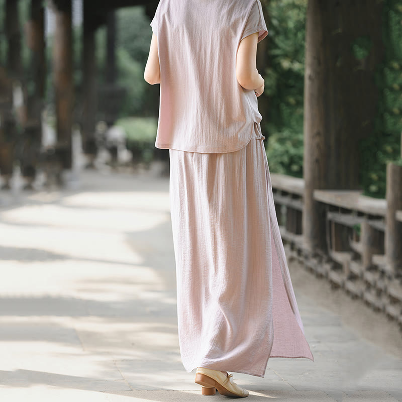 Buddha Stones 2Pcs Buttons Short Sleeve Shirt Top Skirt With Pockets Meditation Cotton Women's Set - image 5