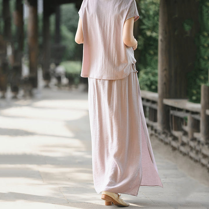 Buddha Stones 2Pcs Buttons Short Sleeve Shirt Top Skirt With Pockets Meditation Cotton Women's Set - image 5