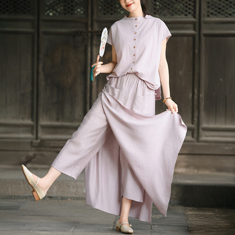 Buddha Stones 2Pcs Buttons Short Sleeve Shirt Top Skirt With Pockets Meditation Cotton Women's Set - LightPink Shirt and RosyBrown Skirt - US8-10，UK/AU12-14，EU40-42 (2XL) - image 0