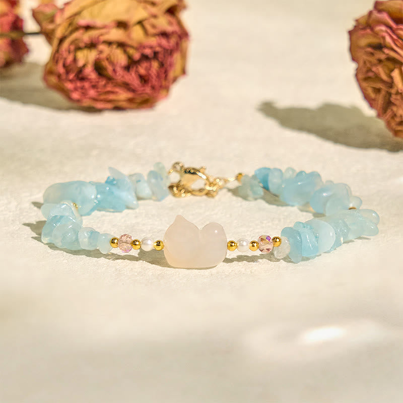 Buddha Stones Natural Irregular Aquamarine Cute Cat Healing Bracelet - image 2
