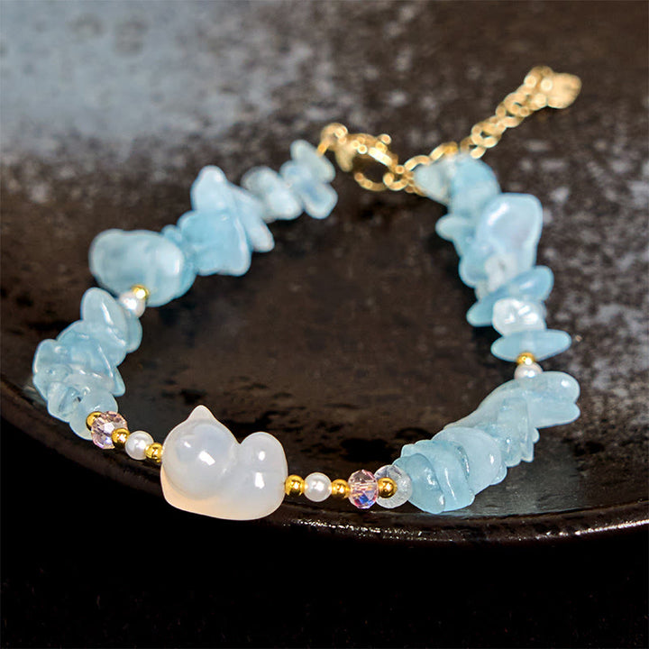 Buddha Stones Natural Irregular Aquamarine Cute Cat Healing Bracelet - Aquamarine(Wrist Circumference: 15cm) - image 0