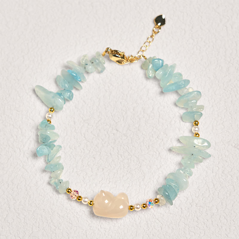 Buddha Stones Natural Irregular Aquamarine Cute Cat Healing Bracelet - image 1