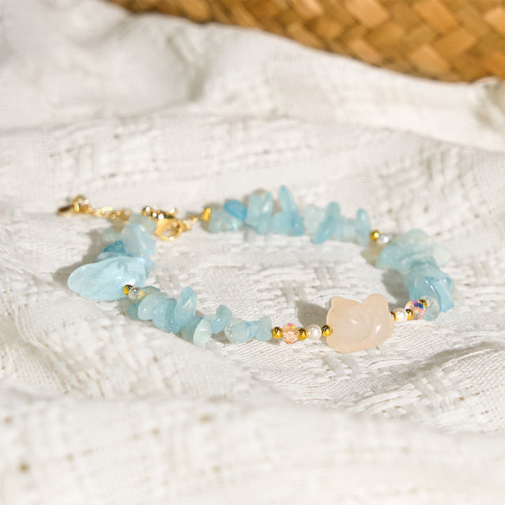 Buddha Stones Natural Irregular Aquamarine Cute Cat Healing Bracelet - image 3