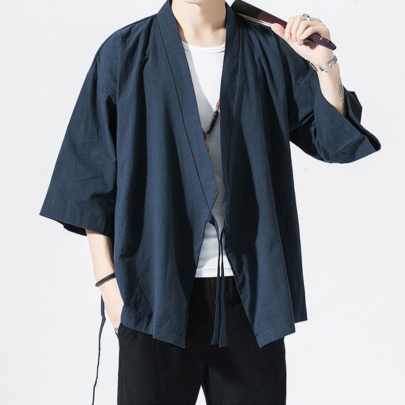 Buddha Stones Tang Suit Open Front Jacket Cotton Linen Men's Three Quarter Sleeve Kimono - image 8
