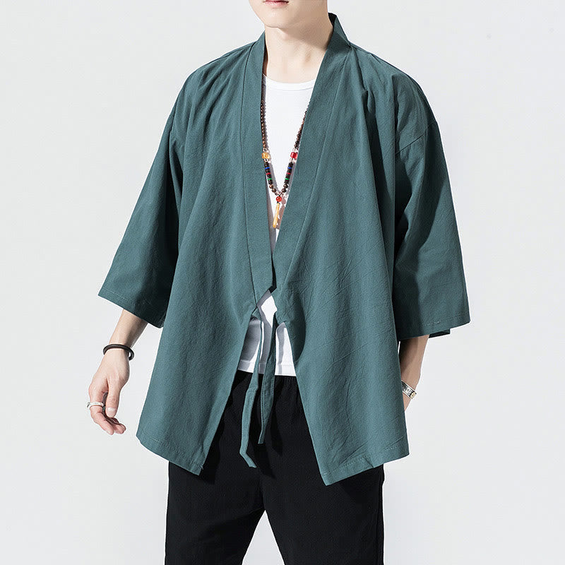 Buddha Stones Tang Suit Open Front Jacket Cotton Linen Men's Three Quarter Sleeve Kimono - image 1