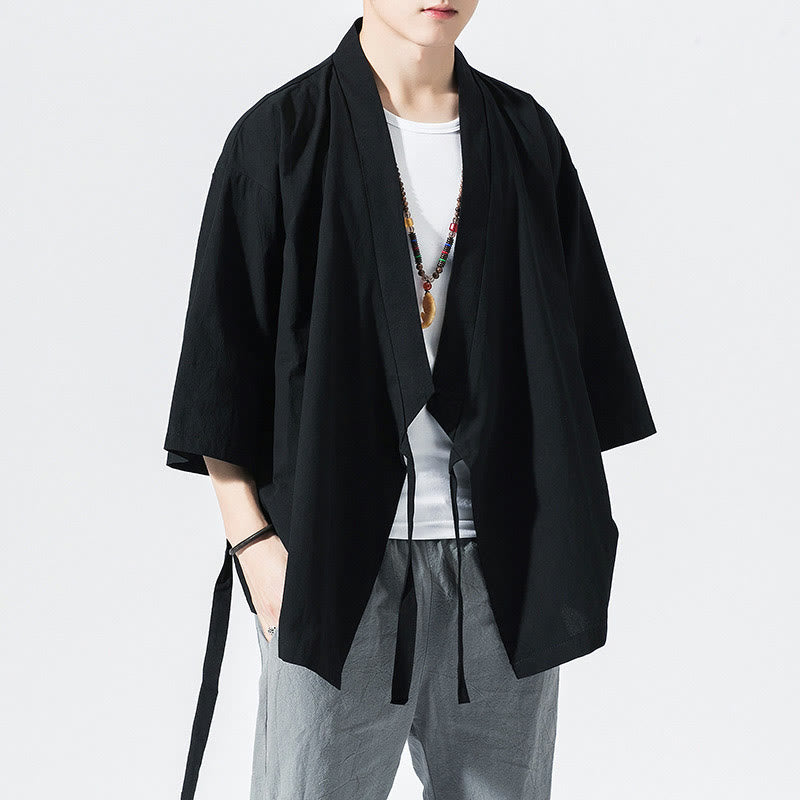 Buddha Stones Tang Suit Open Front Jacket Cotton Linen Men's Three Quarter Sleeve Kimono - Black - US/UK/AU48，EU58(5XL) - image 9