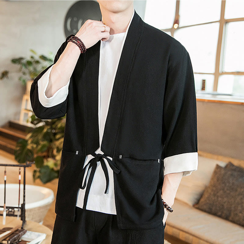 Buddha Stones Lace-Up Design Jacket Cotton Linen Men's Three Quarter Sleeve Kimono With Pockets - image 9