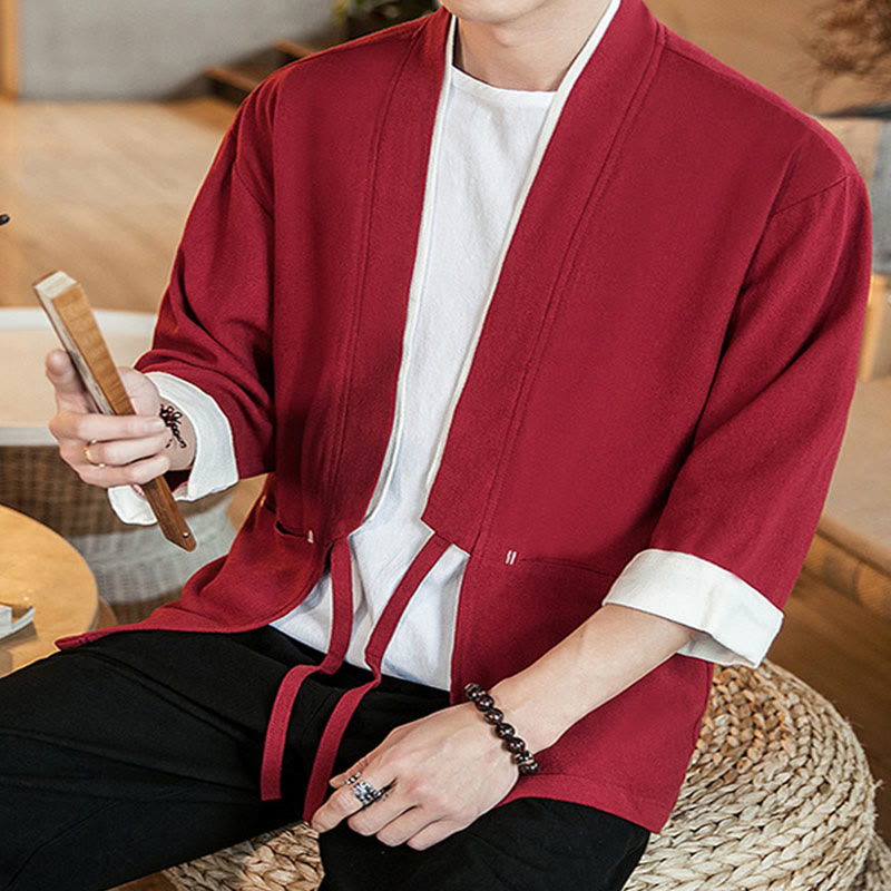 Buddha Stones Lace-Up Design Jacket Cotton Linen Men's Three Quarter Sleeve Kimono With Pockets - image 28