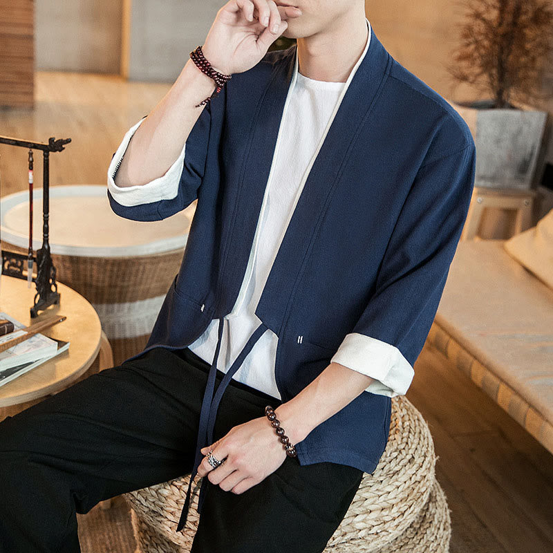 Buddha Stones Lace-Up Design Jacket Cotton Linen Men's Three Quarter Sleeve Kimono With Pockets - image 5