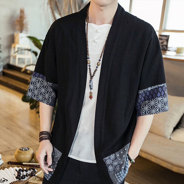 Buddha Stones Ethnic Printing Patchwork Half Sleeve Open Front Jacket Cotton Linen Men's Kimono - image 2