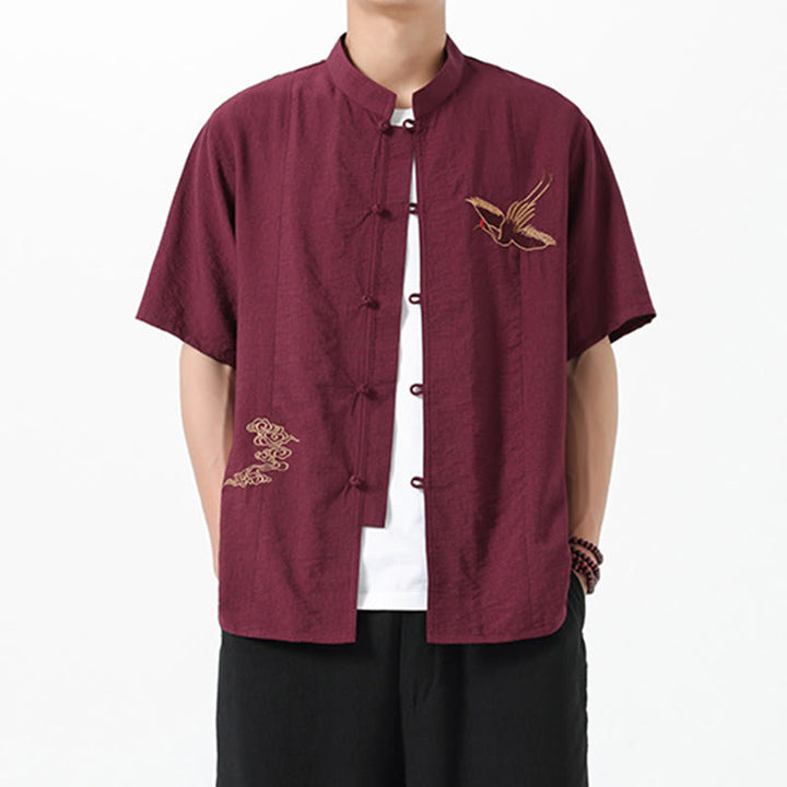 Buddha Stones Embroidery Buttons Half Sleeve Design Stand Collar Men's Cotton Shirt - Brown - US/UK/AU42，EU52 (3XL) - image 0