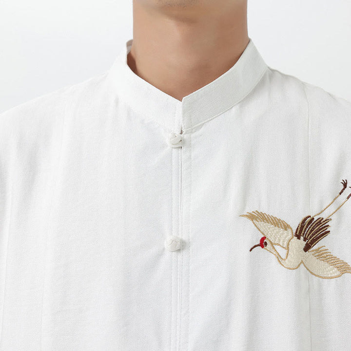 Buddha Stones Embroidery Buttons Half Sleeve Design Stand Collar Men's Cotton Shirt - image 16