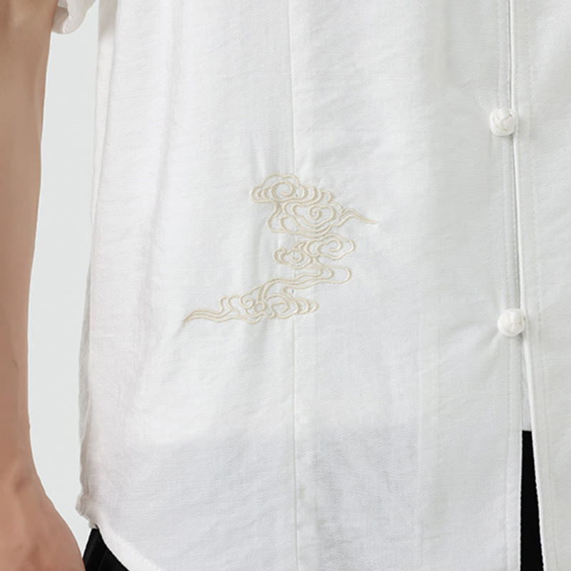 Buddha Stones Embroidery Buttons Half Sleeve Design Stand Collar Men's Cotton Shirt - image 18