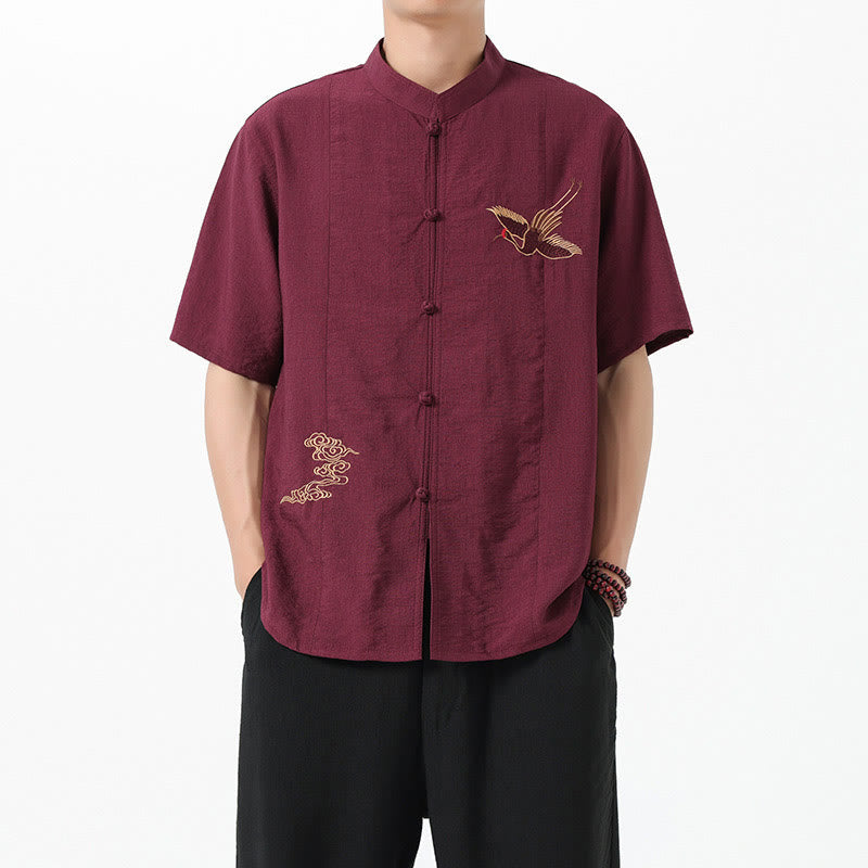 Buddha Stones Embroidery Buttons Half Sleeve Design Stand Collar Men's Cotton Shirt - image 1