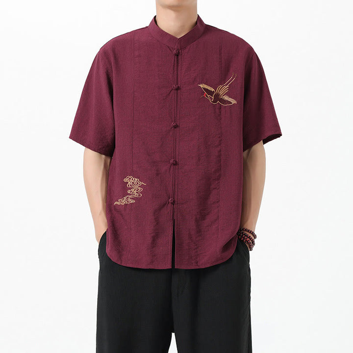 Buddha Stones Embroidery Buttons Half Sleeve Design Stand Collar Men's Cotton Shirt - image 1