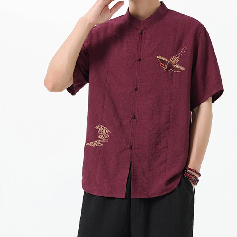 Buddha Stones Embroidery Buttons Half Sleeve Design Stand Collar Men's Cotton Shirt - image 2