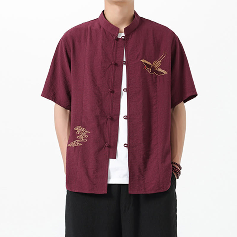 Buddha Stones Embroidery Buttons Half Sleeve Design Stand Collar Men's Cotton Shirt - Brown - US/UK/AU42，EU52 (3XL) - image 0