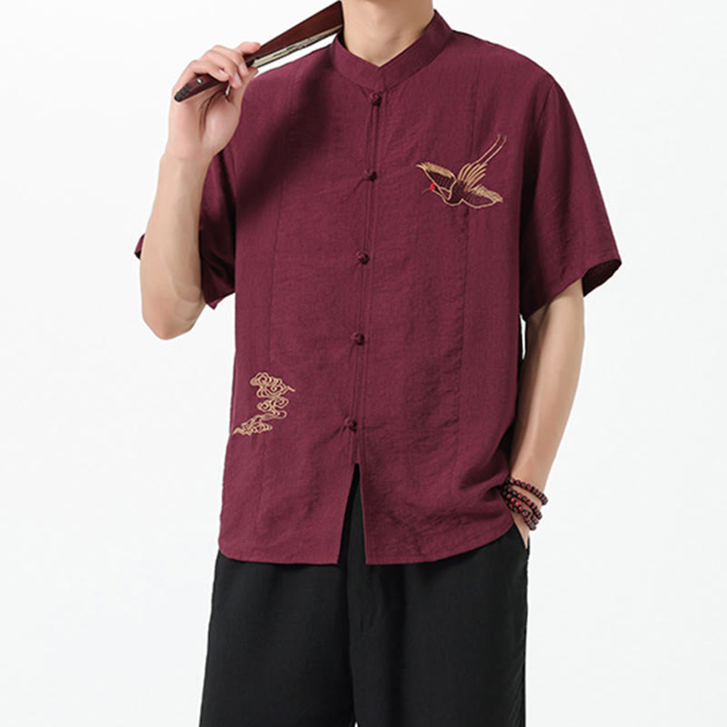 Buddha Stones Embroidery Buttons Half Sleeve Design Stand Collar Men's Cotton Shirt - image 4