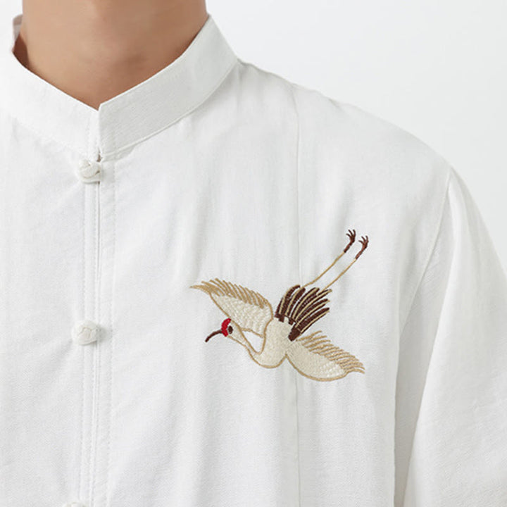 Buddha Stones Embroidery Buttons Half Sleeve Design Stand Collar Men's Cotton Shirt - image 17