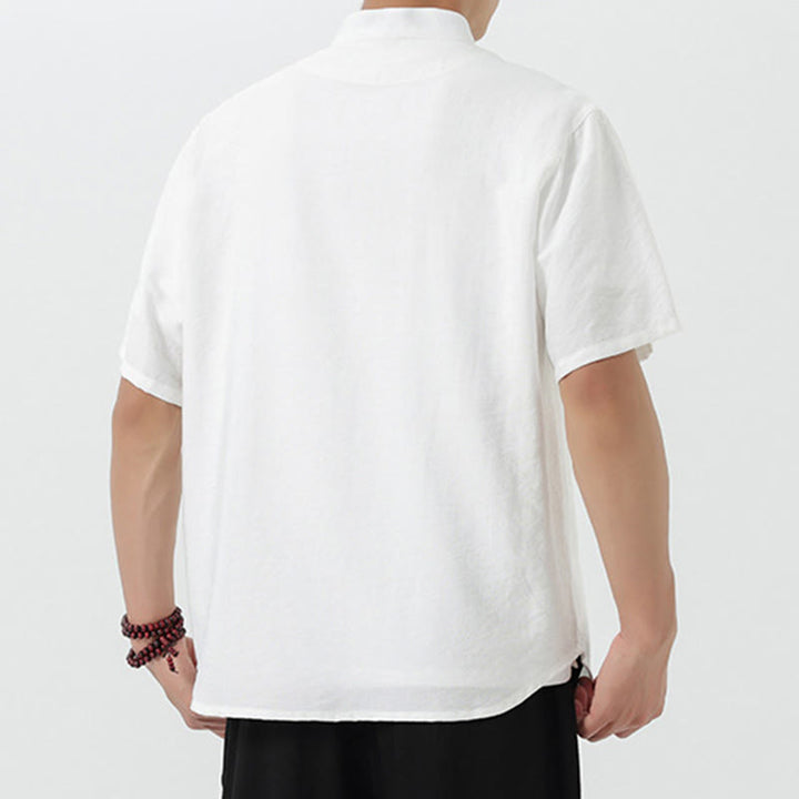 Buddha Stones Embroidery Buttons Half Sleeve Design Stand Collar Men's Cotton Shirt - image 13