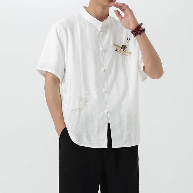 Buddha Stones Embroidery Buttons Half Sleeve Design Stand Collar Men's Cotton Shirt - image 11