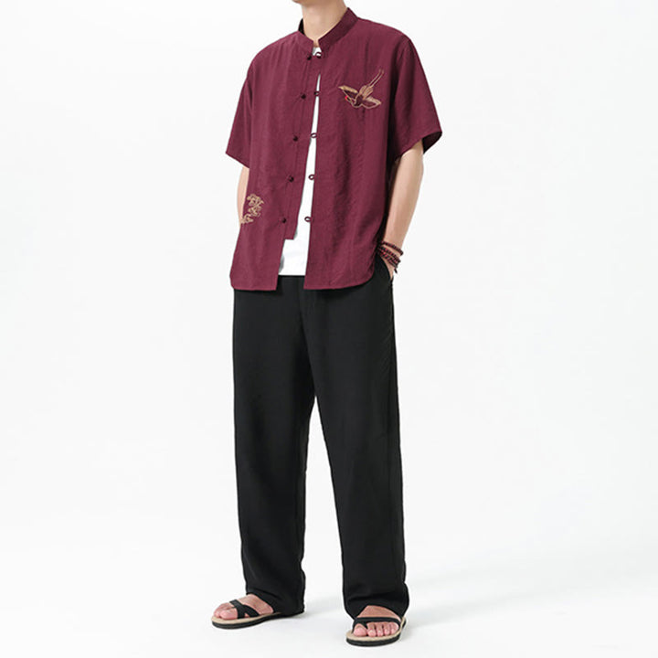 Buddha Stones Embroidery Buttons Half Sleeve Design Stand Collar Men's Cotton Shirt - image 7