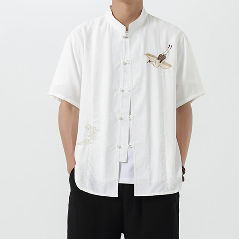 Buddha Stones Embroidery Buttons Half Sleeve Design Stand Collar Men's Cotton Shirt - image 10