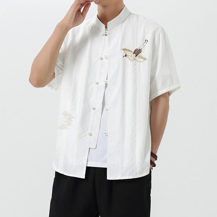 Buddha Stones Embroidery Buttons Half Sleeve Design Stand Collar Men's Cotton Shirt - image 9