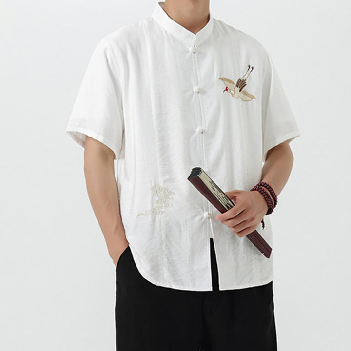 Buddha Stones Embroidery Buttons Half Sleeve Design Stand Collar Men's Cotton Shirt - image 14