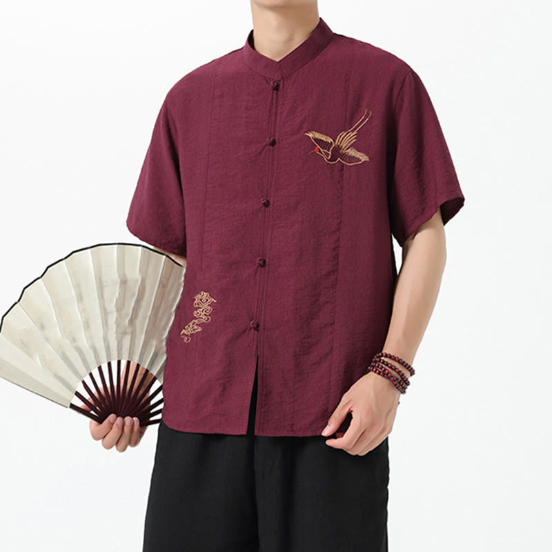Buddha Stones Embroidery Buttons Half Sleeve Design Stand Collar Men's Cotton Shirt - image 6
