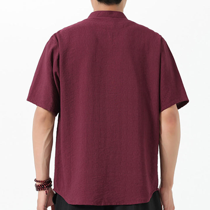 Buddha Stones Embroidery Buttons Half Sleeve Design Stand Collar Men's Cotton Shirt - image 3