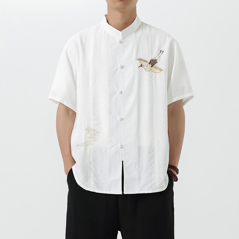 Buddha Stones Embroidery Buttons Half Sleeve Design Stand Collar Men's Cotton Shirt - White - US/UK/AU42，EU52 (3XL) - image 8