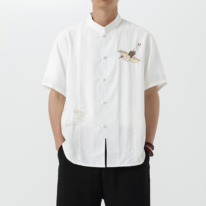 Buddha Stones Embroidery Buttons Half Sleeve Design Stand Collar Men's Cotton Shirt - White - US/UK/AU42，EU52 (3XL) - image 8