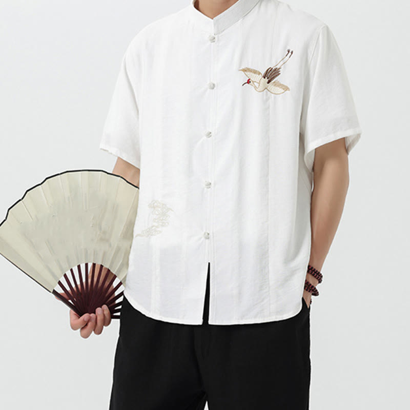 Buddha Stones Embroidery Buttons Half Sleeve Design Stand Collar Men's Cotton Shirt - image 15