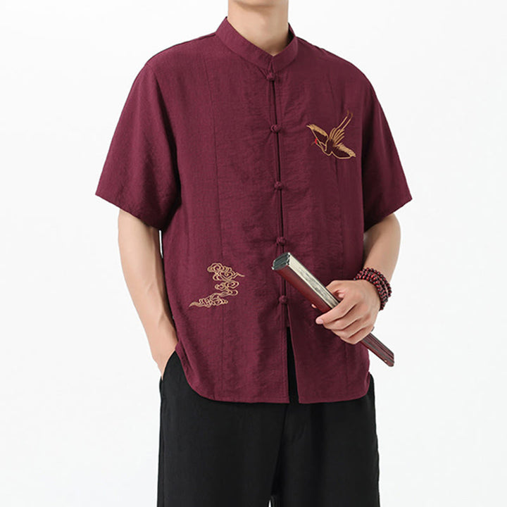 Buddha Stones Embroidery Buttons Half Sleeve Design Stand Collar Men's Cotton Shirt - image 5