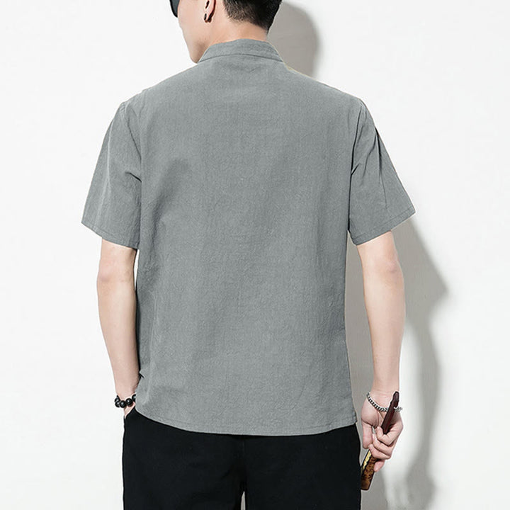 Buddha Stones Casual Solid Color Front Frog Buttons Chinese Tang Suit Short Sleeve Linen Men's Shirt - image 31