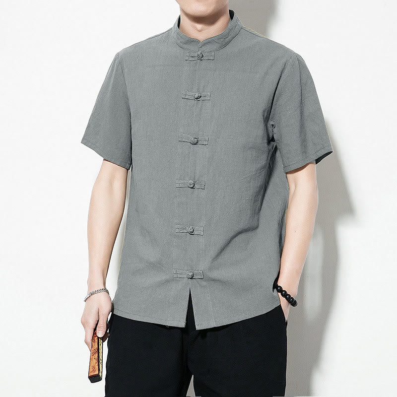 Buddha Stones Casual Solid Color Front Frog Buttons Chinese Tang Suit Short Sleeve Linen Men's Shirt - image 30