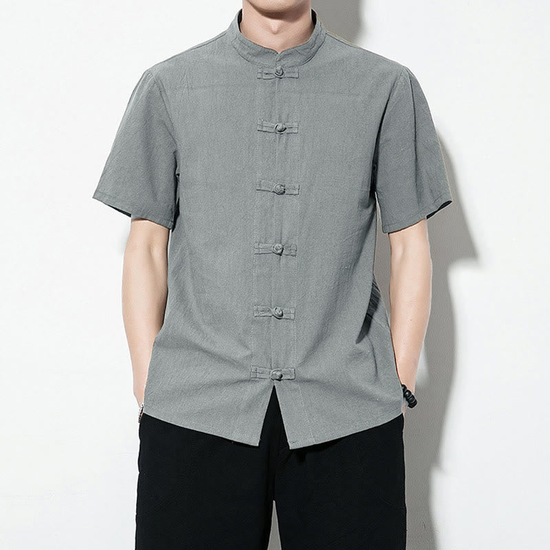 Buddha Stones Casual Solid Color Front Frog Buttons Chinese Tang Suit Short Sleeve Linen Men's Shirt - CadetBlue - US/UK/AU46，EU56 (5XL) - image 29