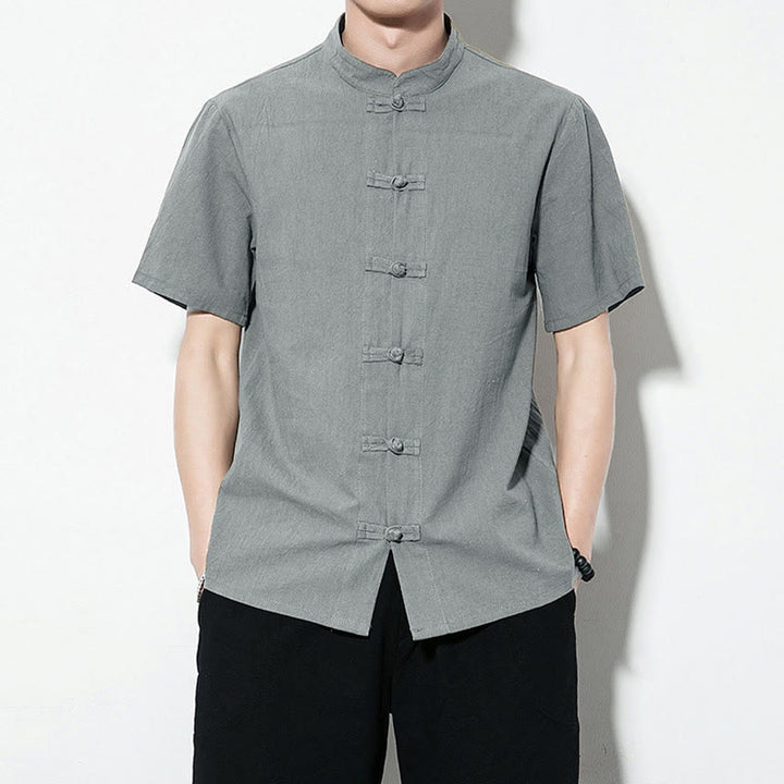 Buddha Stones Casual Solid Color Front Frog Buttons Chinese Tang Suit Short Sleeve Linen Men's Shirt - CadetBlue - US/UK/AU46，EU56 (5XL) - image 29