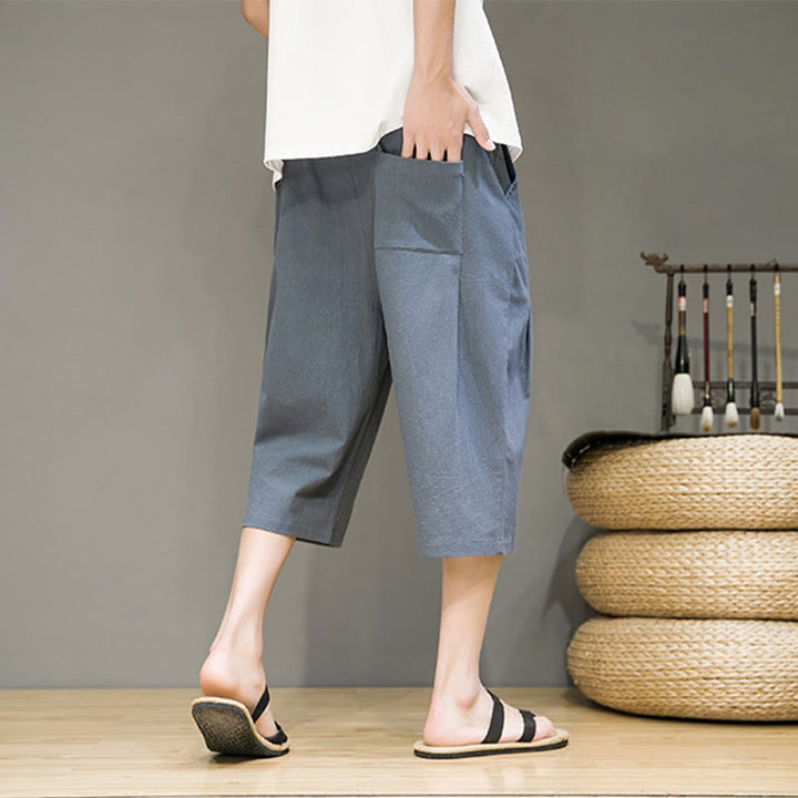 Buddha Stones Casual Summer Drawstring Solid Color Cropped Cotton Linen Men's Harem Pants With Pockets - image 3