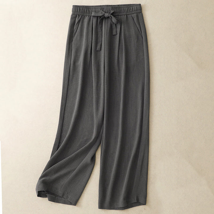 Buddha Stones Casual Summer Lace-Up Texture Design Women's Cotton Wide Leg Pants With Pockets - SlateGray - US8-10，UK/AU12-14，EU40-42 (2XL) - image 12