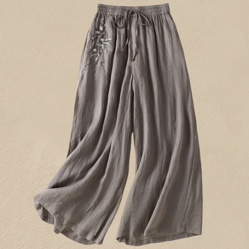 Buddha Stones Commute Embroidery Drawstring Women's Cotton Wide Leg Pants With Pockets - Gray - US8-10，UK/AU12-14，EU40-42 (2XL) - image 42