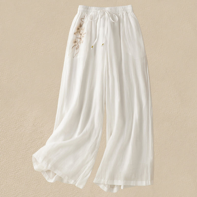 Buddha Stones Commute Embroidery Drawstring Women's Cotton Wide Leg Pants With Pockets - White - US8-10，UK/AU12-14，EU40-42 (2XL) - image 25