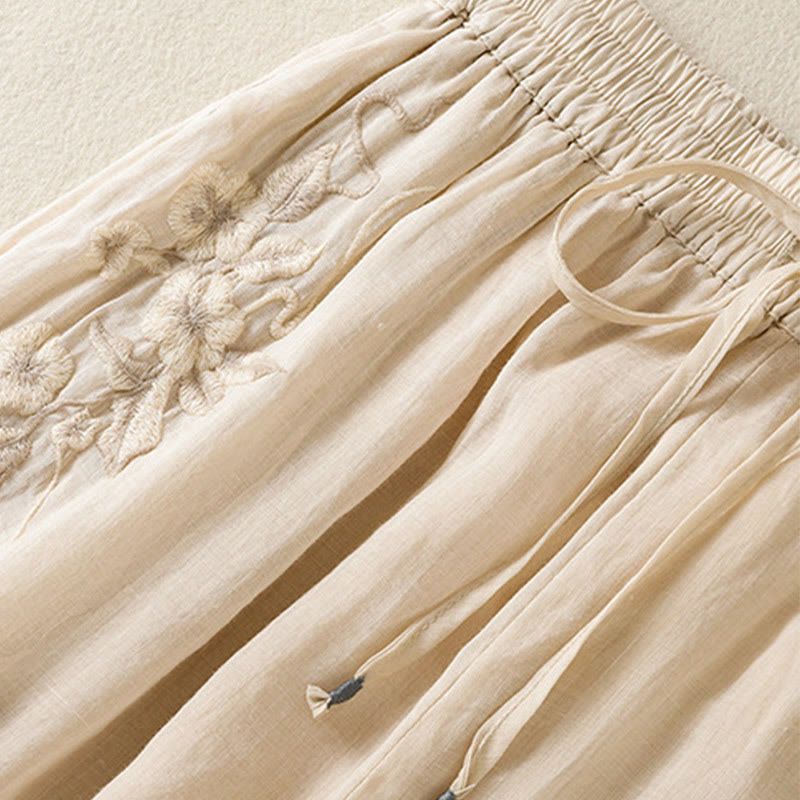 Buddha Stones Commute Embroidery Drawstring Women's Cotton Wide Leg Pants With Pockets - image 12