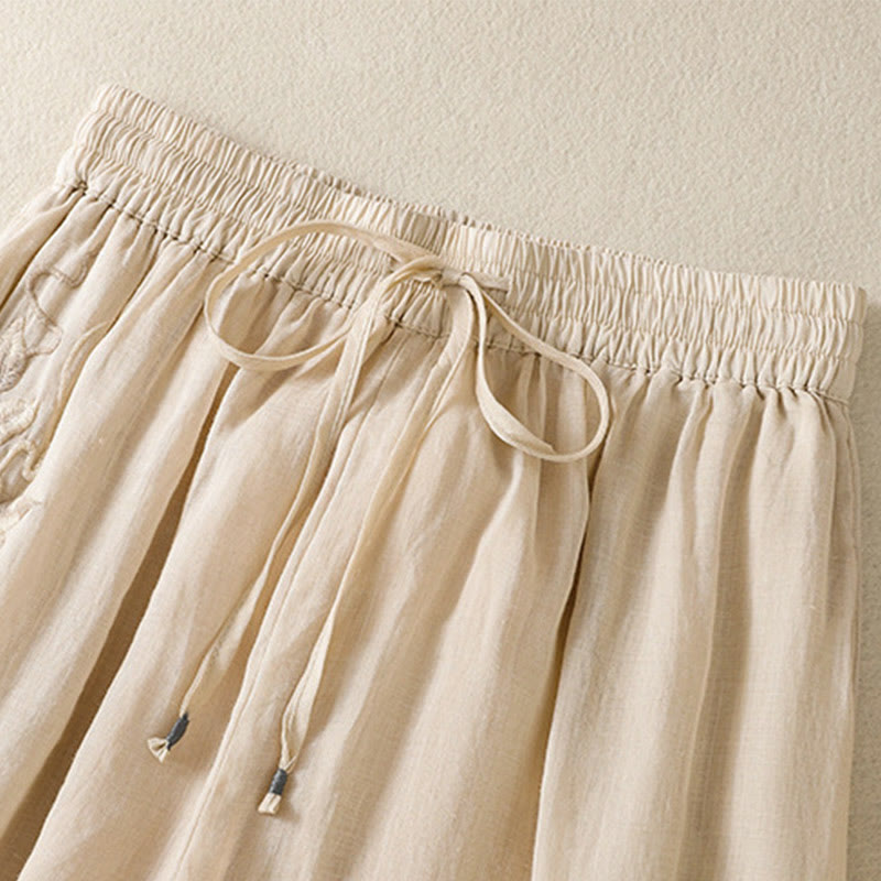 Buddha Stones Commute Embroidery Drawstring Women's Cotton Wide Leg Pants With Pockets - image 9