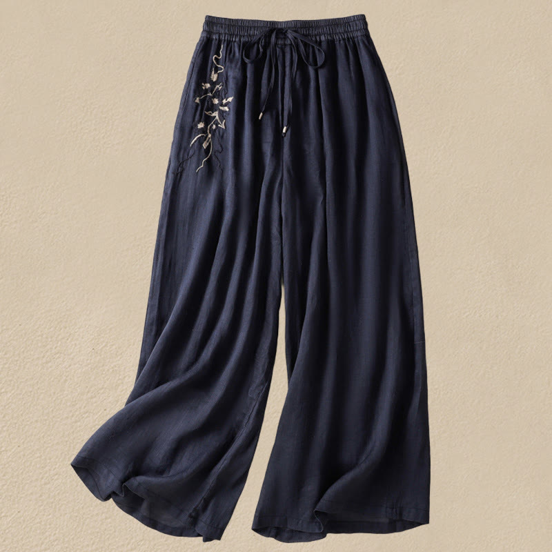 Buddha Stones Commute Embroidery Drawstring Women's Cotton Wide Leg Pants With Pockets - MidnightBlue - US8-10，UK/AU12-14，EU40-42 (2XL) - image 0